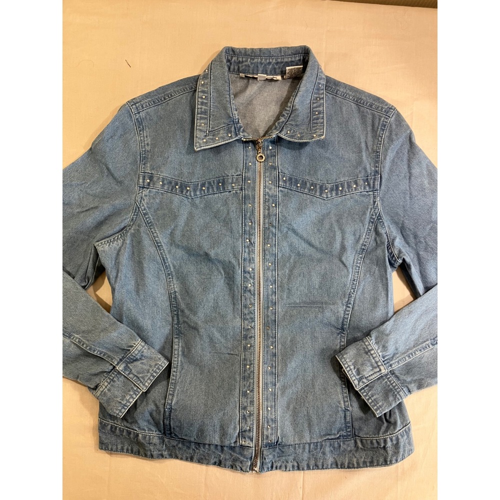 Cathy Daniels Womens Small Light Wash Denim Rhinestone Zip Up Jacket Bling Y2K